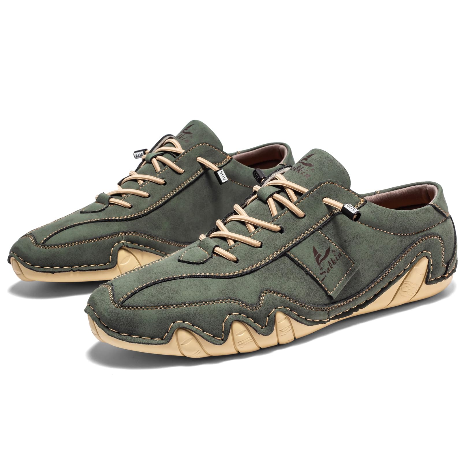 Men's Waterproof Suede Casual Walking Shoes for Hiking Camping & Driving All Season Retro Hand Stitched Round Toe Elastic Lace Up Outdoor Sports Sneakers Comfortable Soft Fashion Sneakers (Green,10)