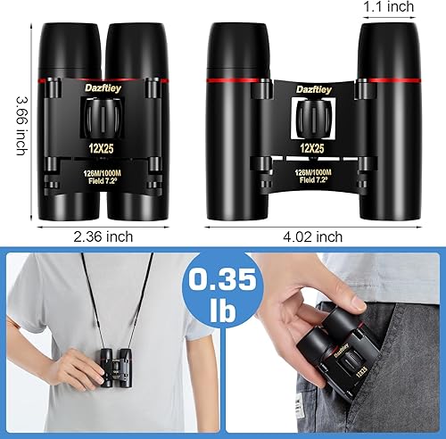 Miniatura 5 de Binoculares compactos pequeños de 12 x 25 pulgadas para adultos y niños, mini prismáticos ligeros de alta potencia con visión clara, binoculares