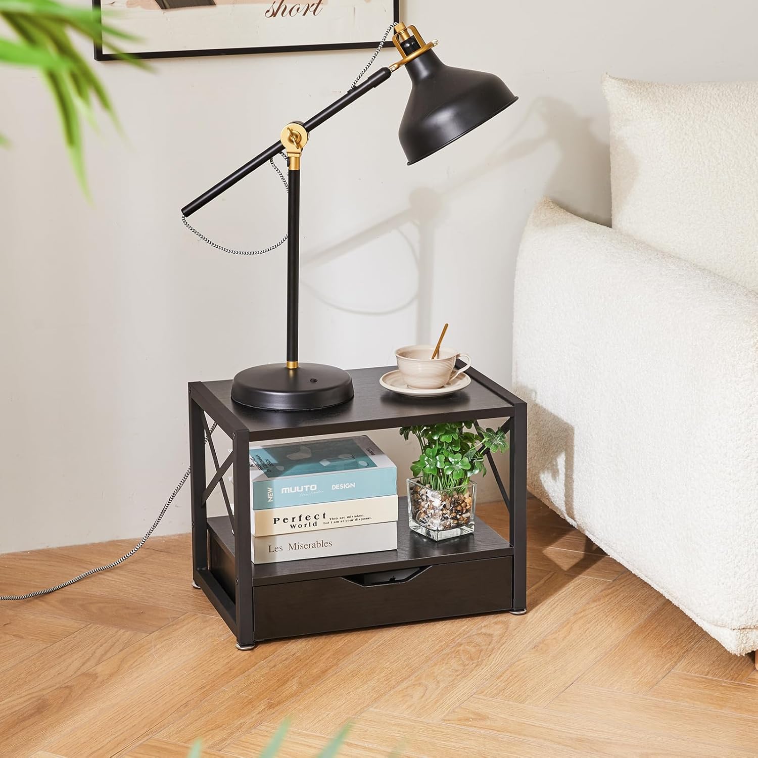 IBUYKE 2 Tier Desktop Printer Stand,Multi-Purpose Desk Organizer,Wooden Printer Stand with Drawer Storage for Folders,Books,for Fax Machine, Scanner,Home Office,Black TLJ006B