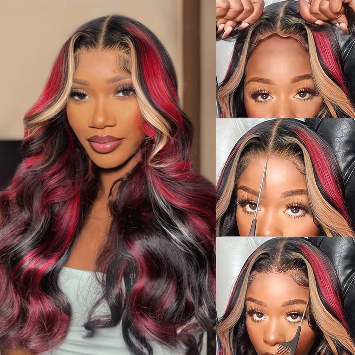 4/27/99J Ombre Red Skunk Stripe Wig Lace Front Human Hair Glueless Wig Rose Red Burgundy Body Wave Human Hair Wig HD Transparent Lace Body Wave Red Highlight Wig for Women 32Inch
