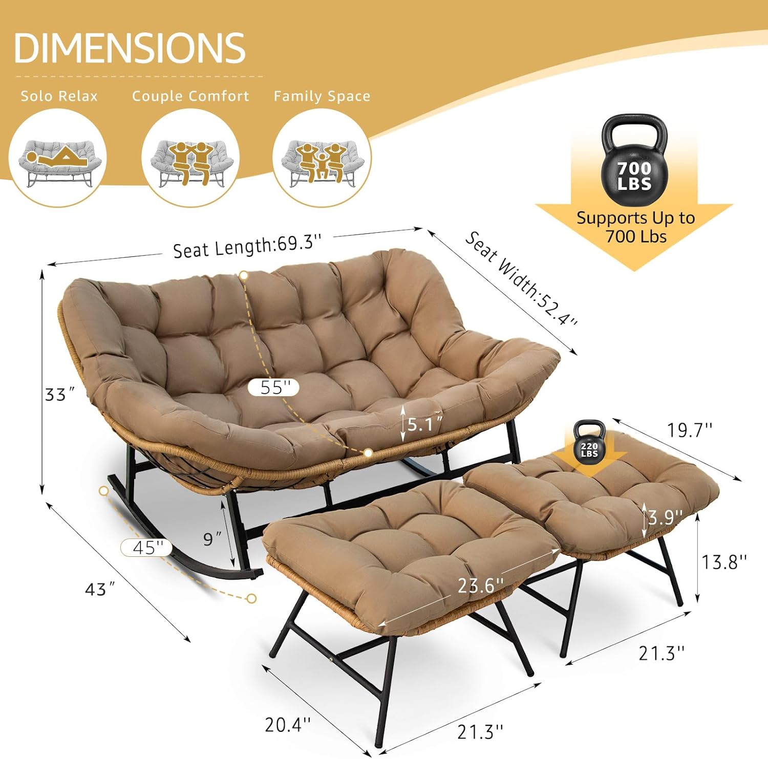NICESOUL Oversized Double Rocking Papasan Chair with Cushion, 2 Person Big Wicker Outdoor Comfy Recliner, Large Heavy Duty 700 lbs Loveseat for Patio, Balcony, Backyard