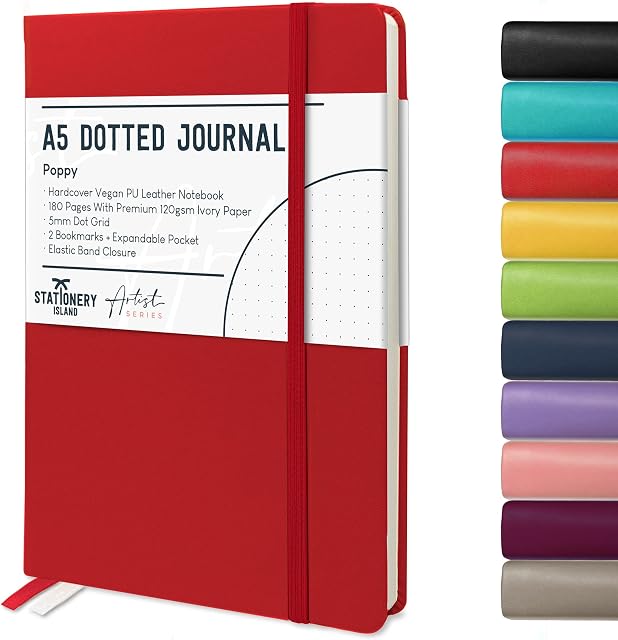 STATIONERY ISLAND Bullet Dotted Journals A5 Dot Notebook Poppy Red Hardcover with Thick Premium 120gsm Paper 180 Pages, Elastic Banded - for Planning, Study, Travel, Drawing, Sketching and Projects