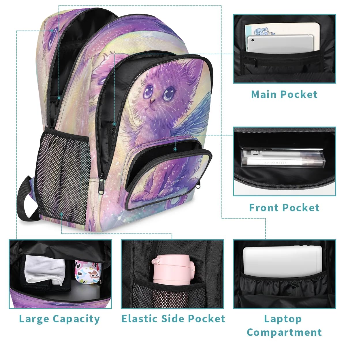 TropicalLife Angel Süße Katzen-Rucksäcke, Mehrzweck-Rucksack für Kinder, Mädchen, Jungen, Männer, Frauen, großer Rucksack, Schule, Büchertasche, lässiger Laptop-Tagesrucksack, farbig, Big