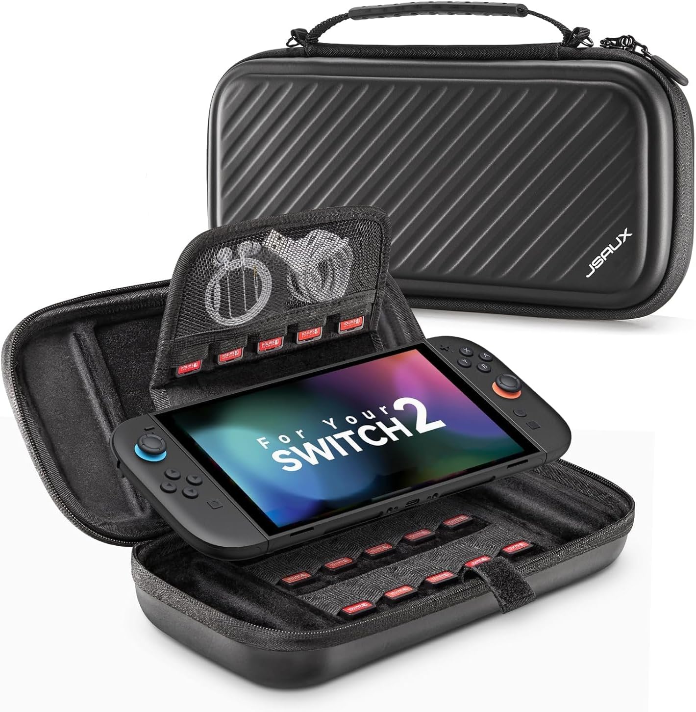 JSAUX Carrying Case Compatible with Nintendo Switch 2, Protective Hard Shell Carry Case with 15 Game Card Slots and Stand, Portable Travel Bag for Switch 2 Console and Accessories, Black