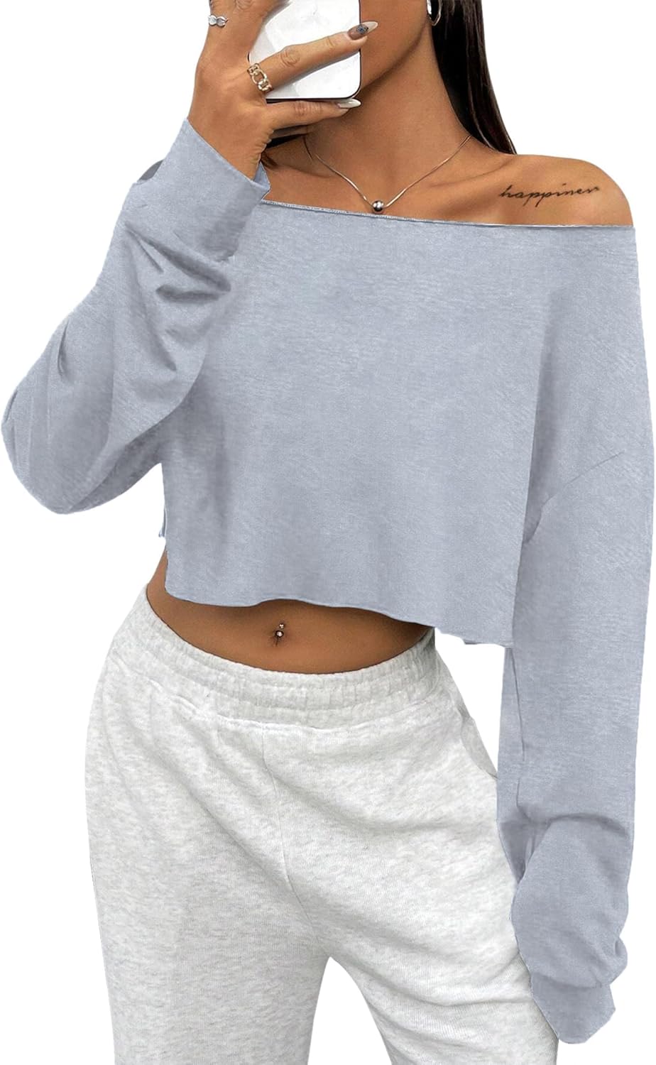 Avanova Women Off The Shoulder Crop Tops Long Sleeve T Shirts Oversized Loose Tee - Image 5