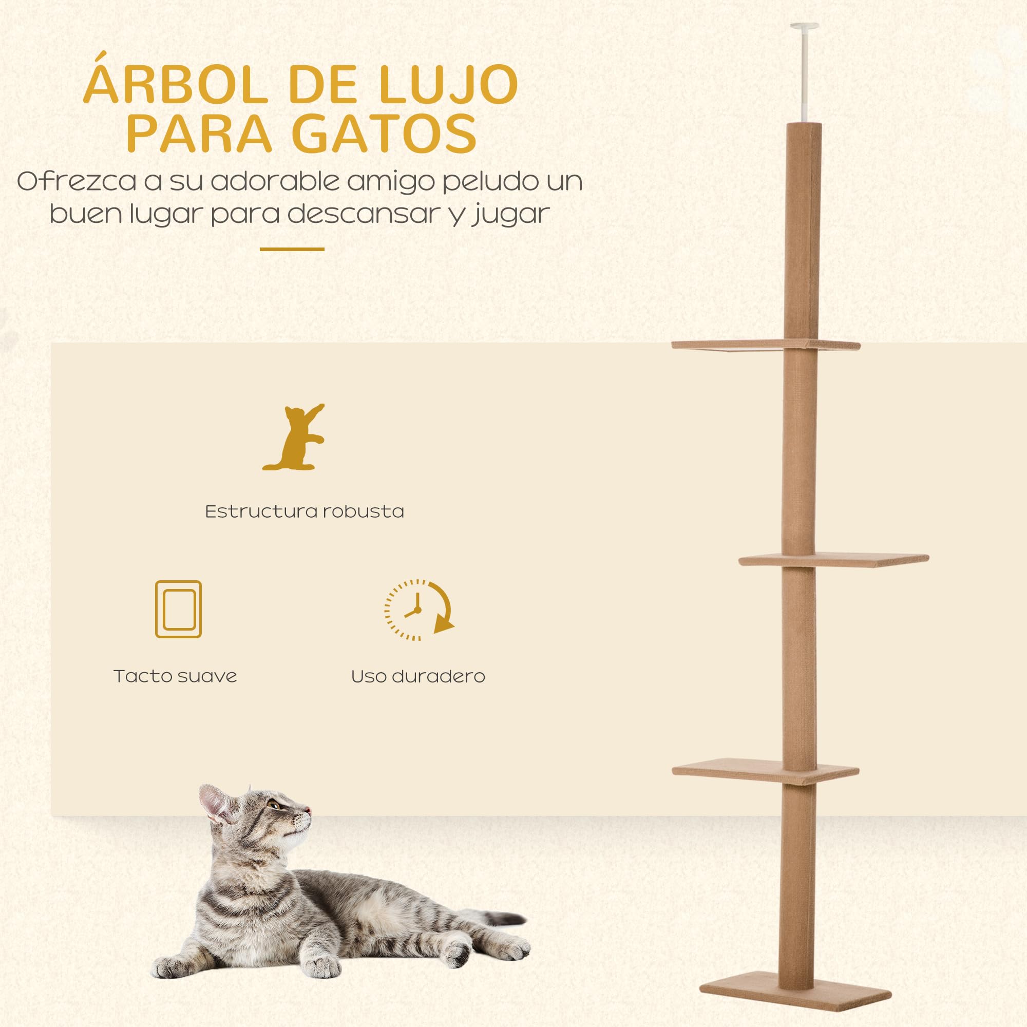 PawHut Árbol para Gatos del Suelo al Techo 43x27x228-260 cm Marrón | Torre para Gatos, Altura Ajustable, 4 Plataformas Espaciosas, Poste de Sisal
