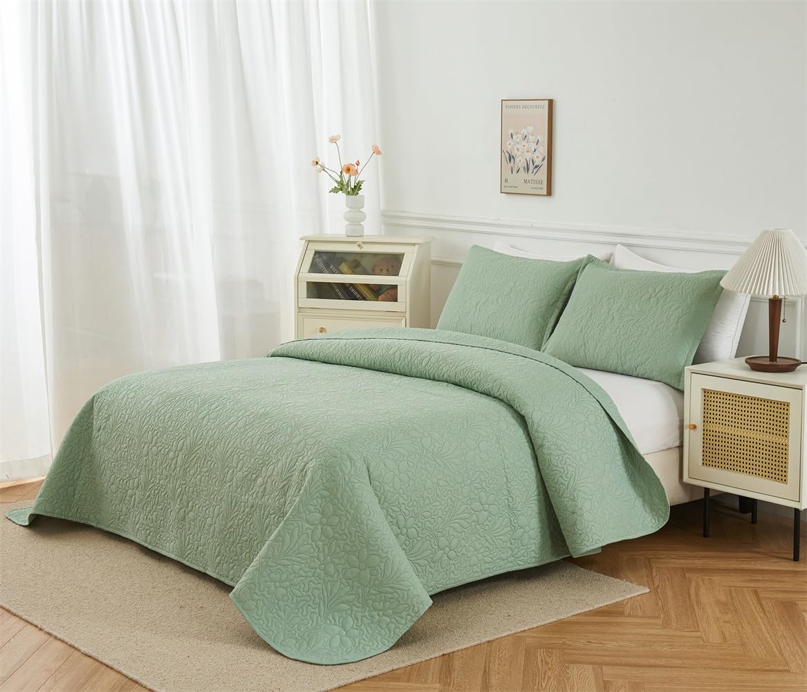 Quilt Bedding Set Soft Ultrasonic Full/Queen Quilt Set Bedspread Queen Size - Lightweight Bedding Coverlet Includes 1 Sage Quilt, 2 Pillow Shams with Increased Size