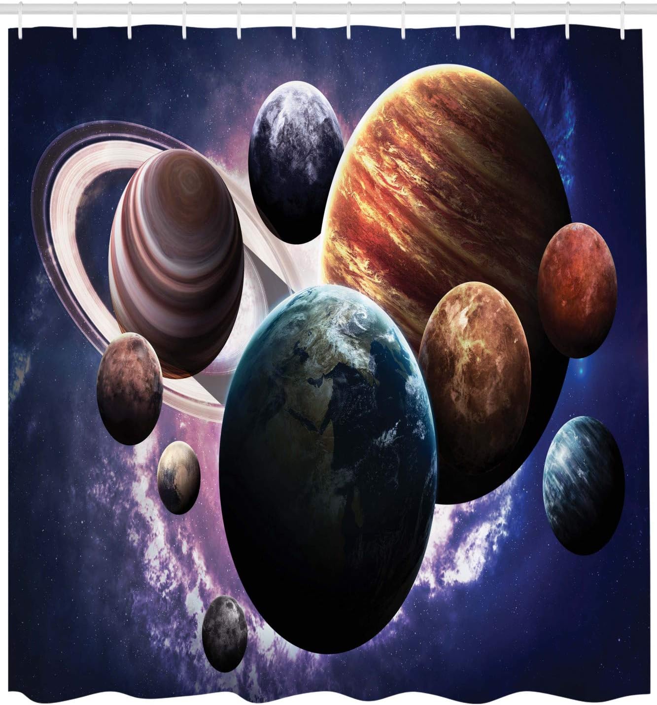 Ambesonne Space Shower Curtain, Solar System Planets All Together in Space Mercury Jupiter Globe Saturn Universe, Cloth Fabric Bathroom Decor Set with Hooks, 69" W x 70" L, Indigo Multicolor