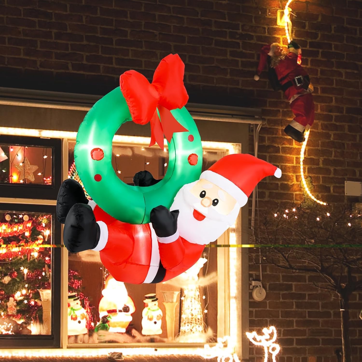 SOARS Decoration Noel, Père Noël Gonflable 120 X 50 X 120CM avec 5 lumières | LED Résistant aux Intempéries, Couronne de Noël Porte, Fenêtre, Deco Noel Extérieur Interieur Maison pour Cour, Jardin