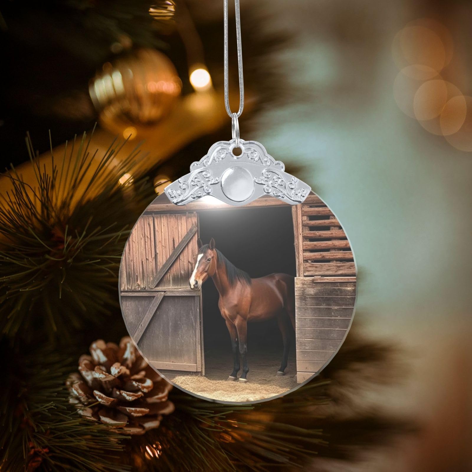 Crystal Christmas Ornaments for Christmas Tree Decoration Hanging Barn Horse Ornament with Gold Ribbon Crafts Round Pendant for Keepsake Gifts Glass Xmas Decor Party Supplies
