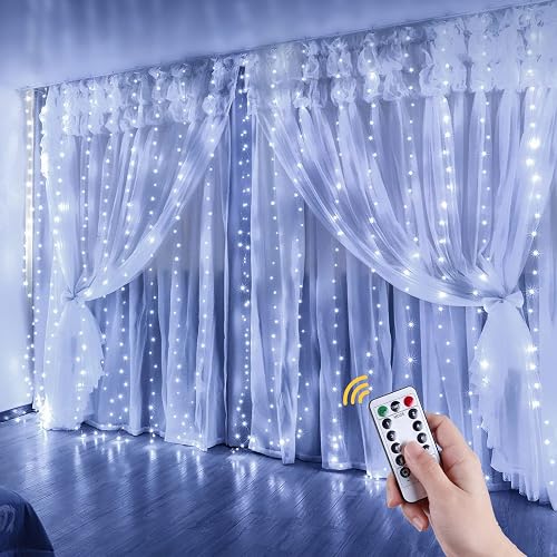 Anpro Cortina Luces, 3 x 3M con Control Remoto 8 Modos de USB Cortina de Luces Exterior Interior, 300 LED Cortina LED De
