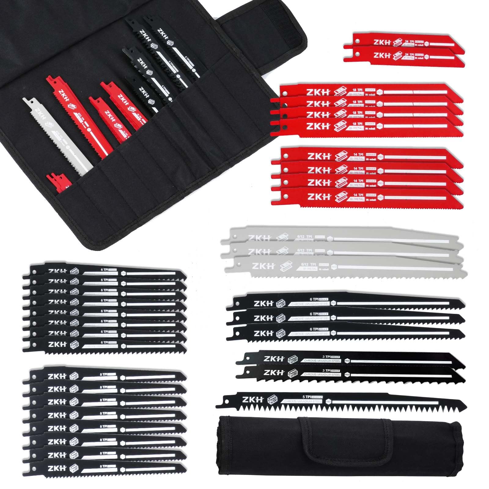 ZKH Hojas de Sierra Sable 35PCS, 13pz BI-METAL y 22pz CRV, Juego de Hojas de Sierra de Sable para Cortar Madera, Metal y Acero, Cuchilla de Sierra para Cortes Rápidos y Limpios con Bolsa de Almacenaje