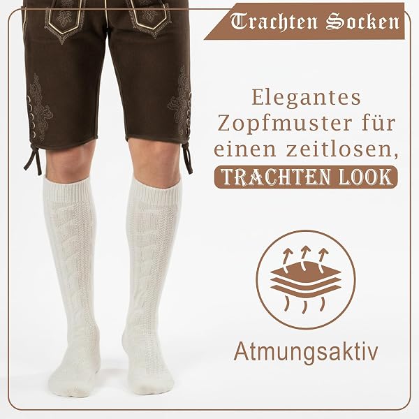 German Wear Trachtensocken klassisch 40cm Lang - Trachten Strümpfe Passend zu kurze Trachtenhosen & Kniebundhosen - Edel gestrickte Socken mit Zopfmuster - aus Baumwolle für Damen & Herren - 5