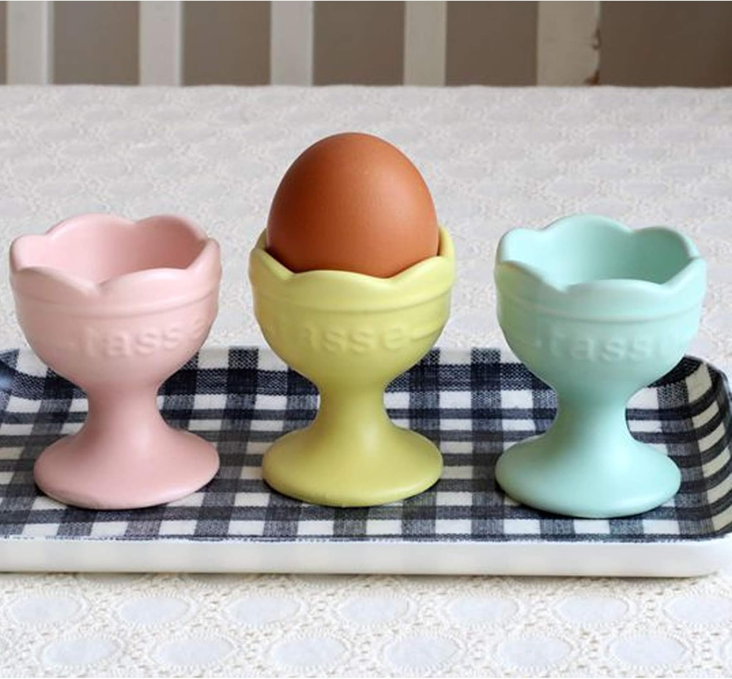 Egg Cup Made of Matt Porcelain Children with A Wavy Edge for Home, Kitchen and Restaurant, 5.5 x 7 cm,Yellow,Set of 4 (Blue Set of 4)