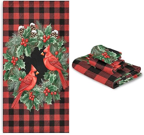 Miniatura 7 de Juego de 3 toallas de baño de lana cuadriculada roja con diseño de pájaro y bayas de acebo, toalla de baño suave y absorbente para baño, toallas de