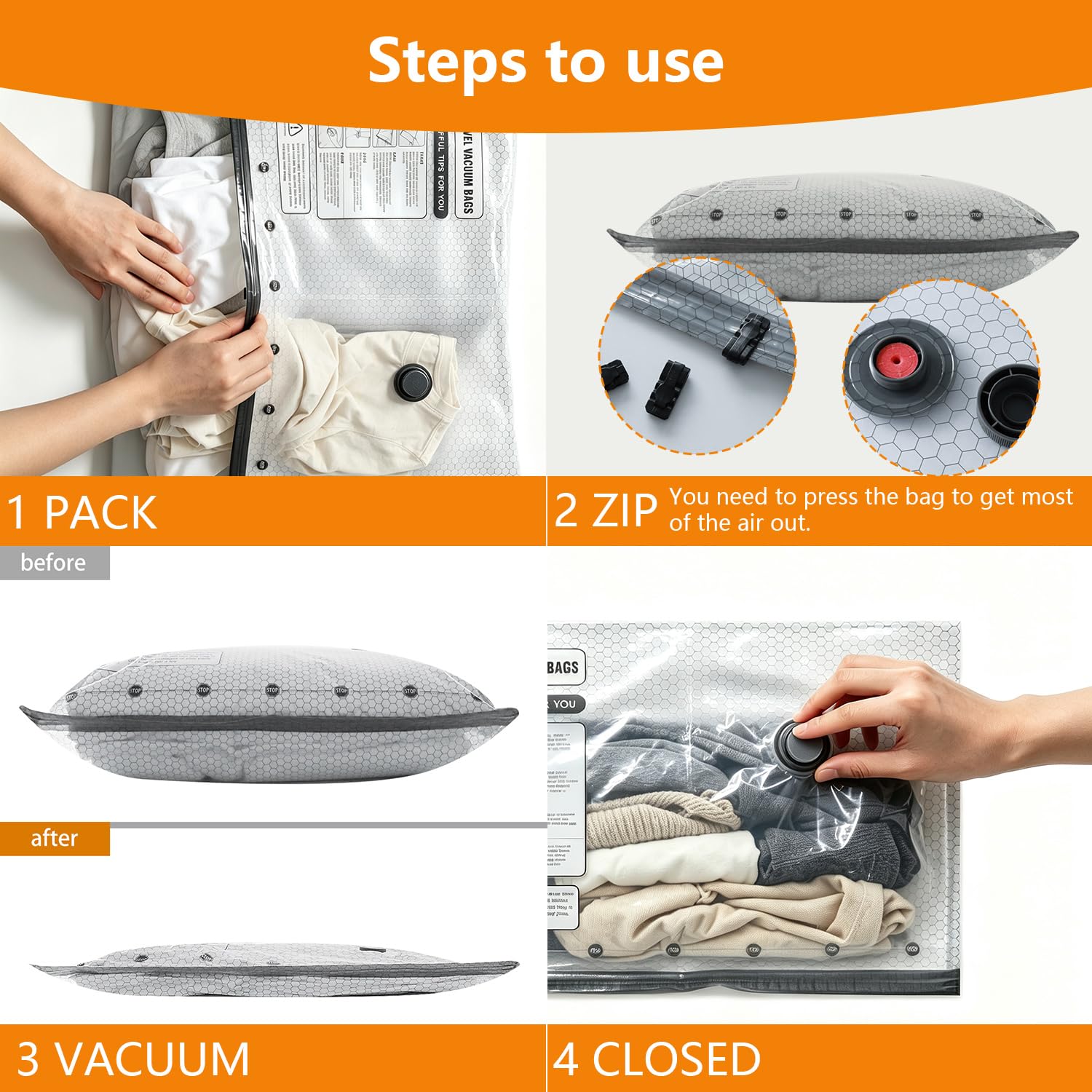 ZIVZIV Sacs sous vide pour voyage avec pompe à air rechargeable, sacs de compression (10 × 50 × 40 cm + 5 × 60 × 40 cm) pour voyage, vêtements, organiseur de bagages