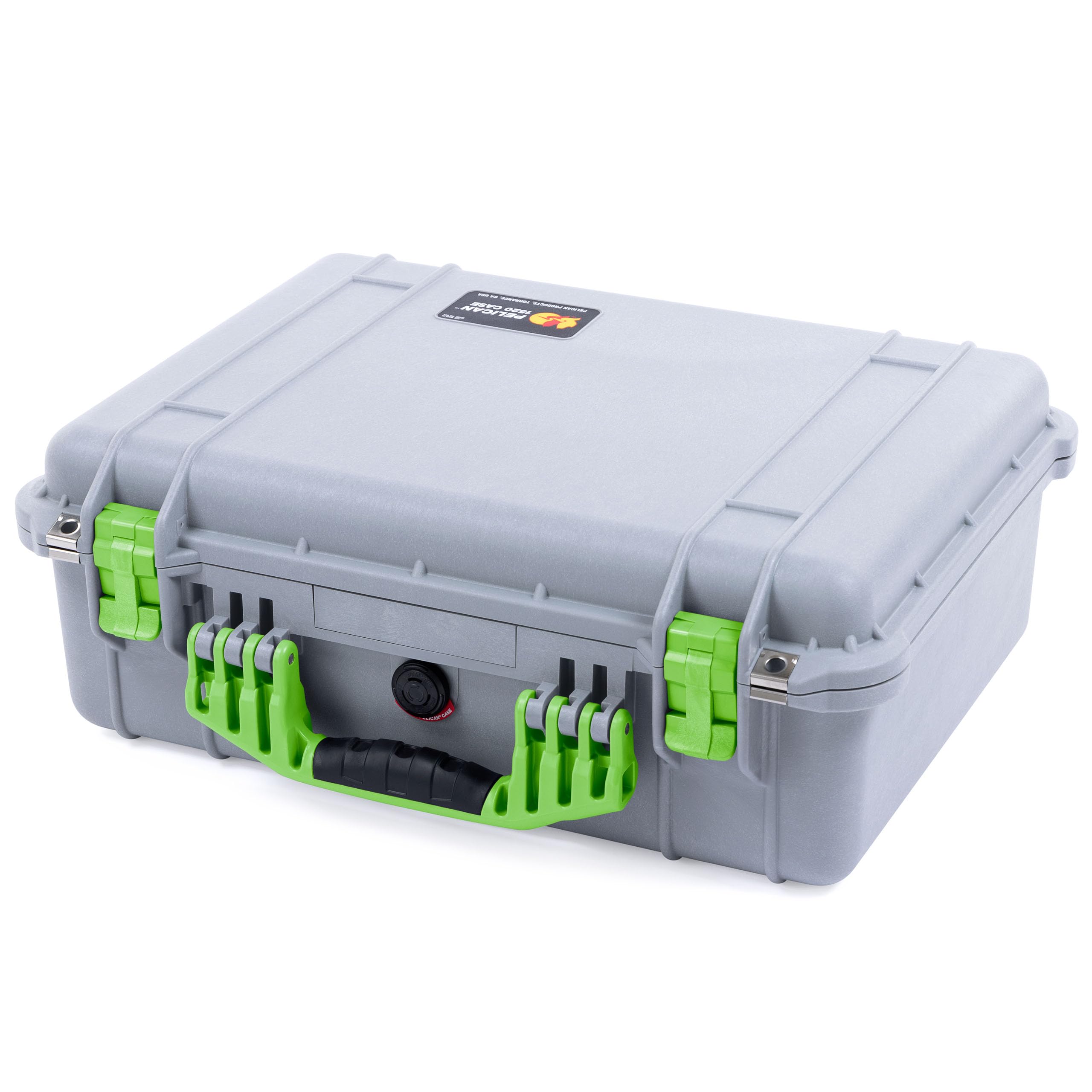 Pelican 1520 Case by ColorCase - Silver - Medium Size Waterproof Case with Grey Padded Dividers & Mesh Lid Organizer - Lime Green Handles & Latches