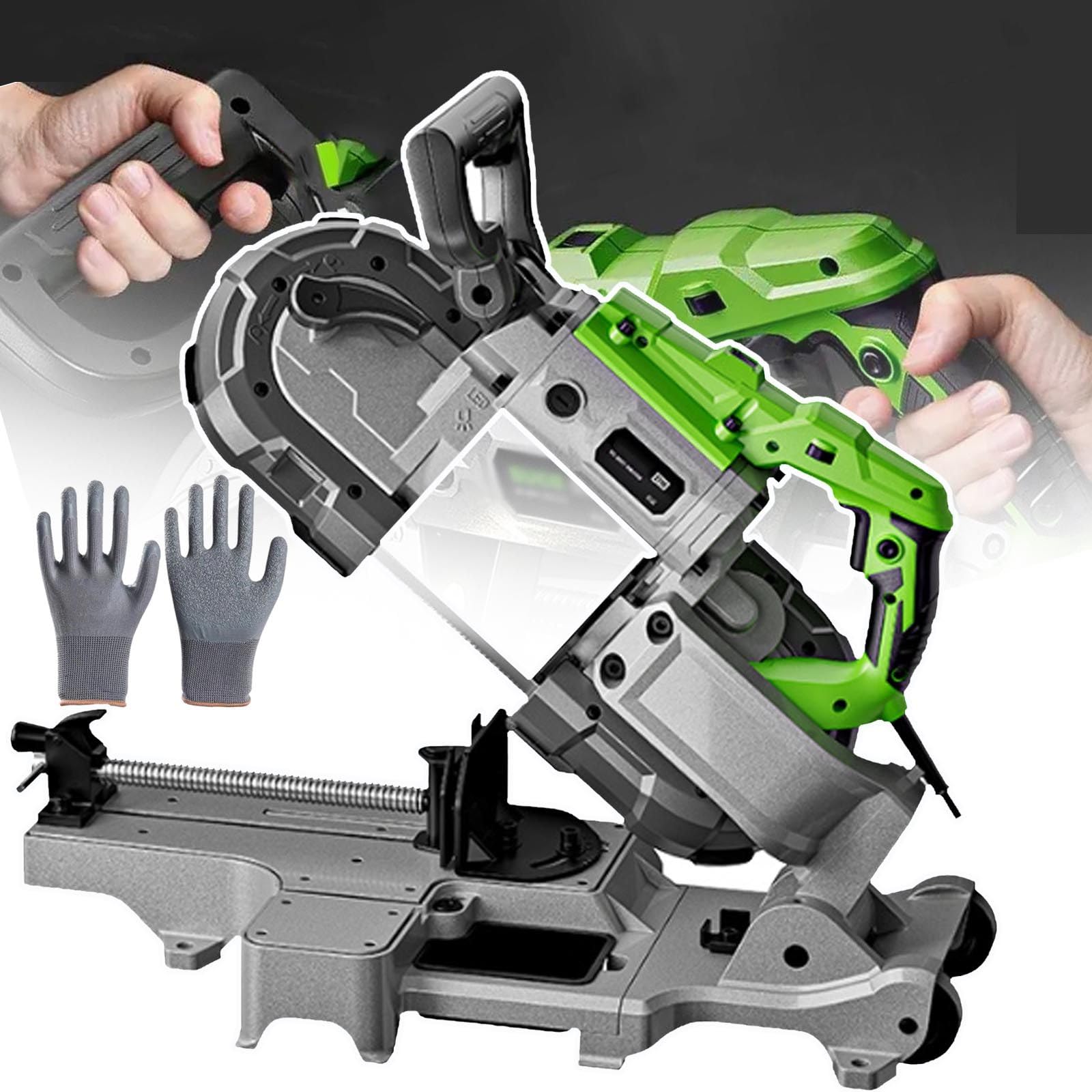 Sega A Nastro 1100W+Guanti,Base In Lega Di Acciaio Rimovibile Con Ruote,Sega A Nastro+Cavo,Doppio Interruttore/6 Velocità Regolabili,Non Produce Scintille Calde Durante Il Taglio Metallo,Green