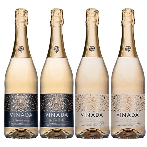 VINADA - Espumoso Oro y Variedad Chardonnay Crispy - Vino Cero Alcohol - 25.4 fl oz (4 Botellas de Vidrio)