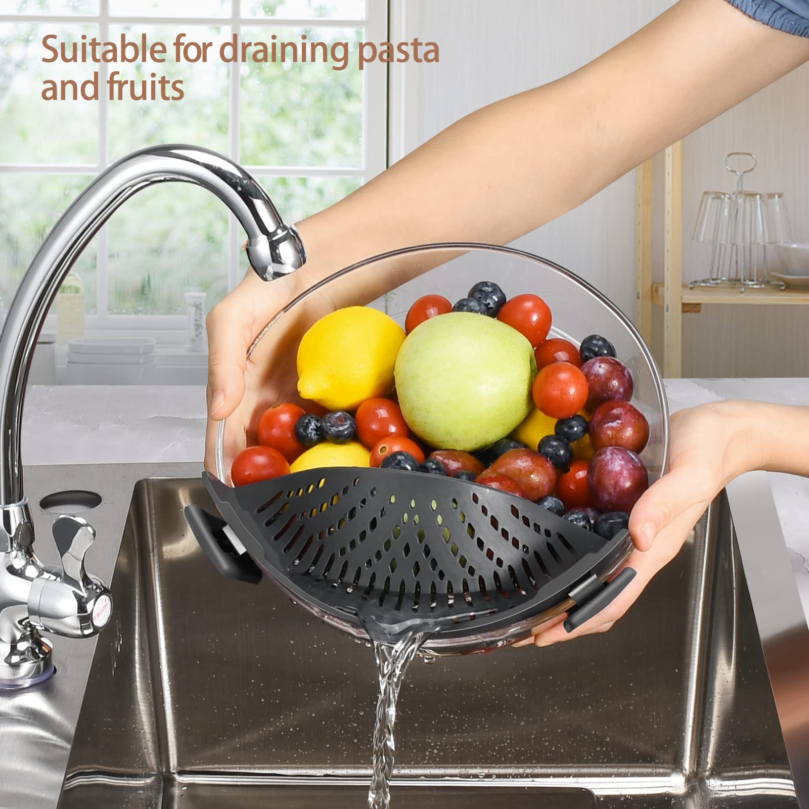 Colino a clip per pentole, colino per pasta, colino in silicone per alimenti a mani libere, colino da cucina con clip per spaghetti, pasta, carne macinata, adatto a tutte le ciotole e