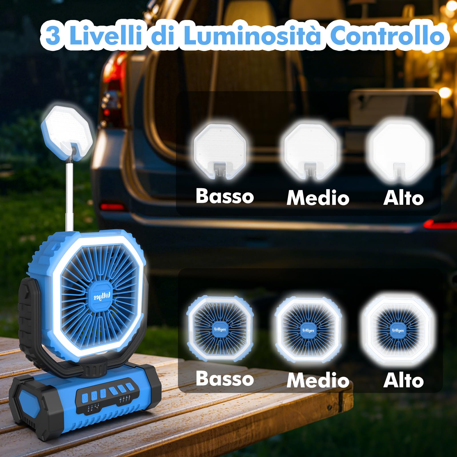 Ventilatore da Campeggio con Luce, Alimentazione a Batteria 20000mAh, Ventilatore Portatile Ricaricabile con Telecomando e Gancio Rotante a 360°, 4 Velocità per Interni, Viaggi, Camper (Blu)