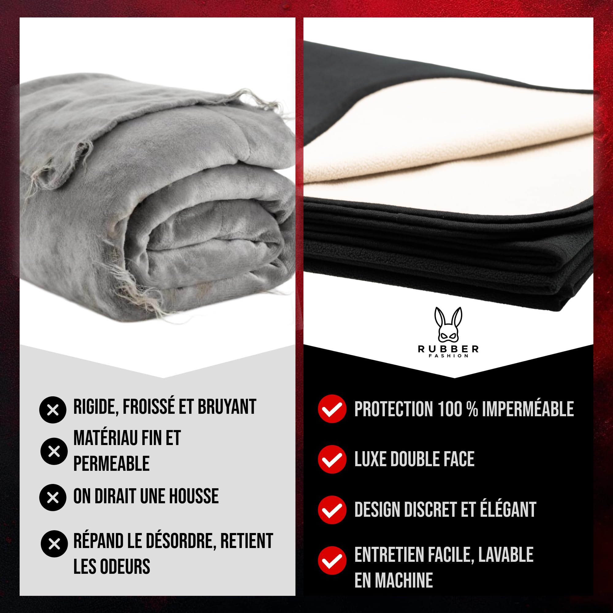 Rubberfashion Couverture sexuelle imperméable et douce - Couverture d'amour pour lit et canapé - Sous-couche imperméable 200 x 152 cm pour les moments romantiques et la vie quotidienne - Noir/beige