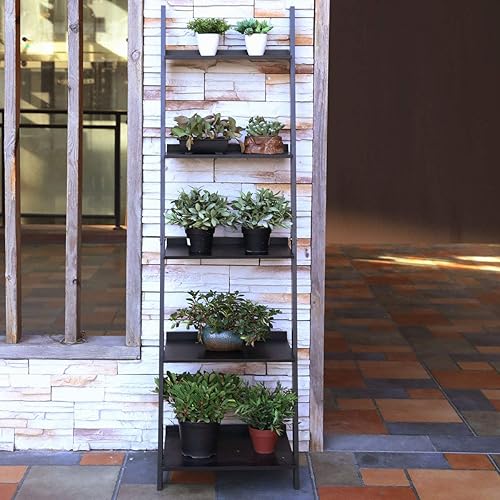 Miniatura 7 de HYNAWIN Estantería de escalera de 5 niveles, soporte multiusos para plantas, estantes de almacenamiento, marco de bambú con aspecto de madera,