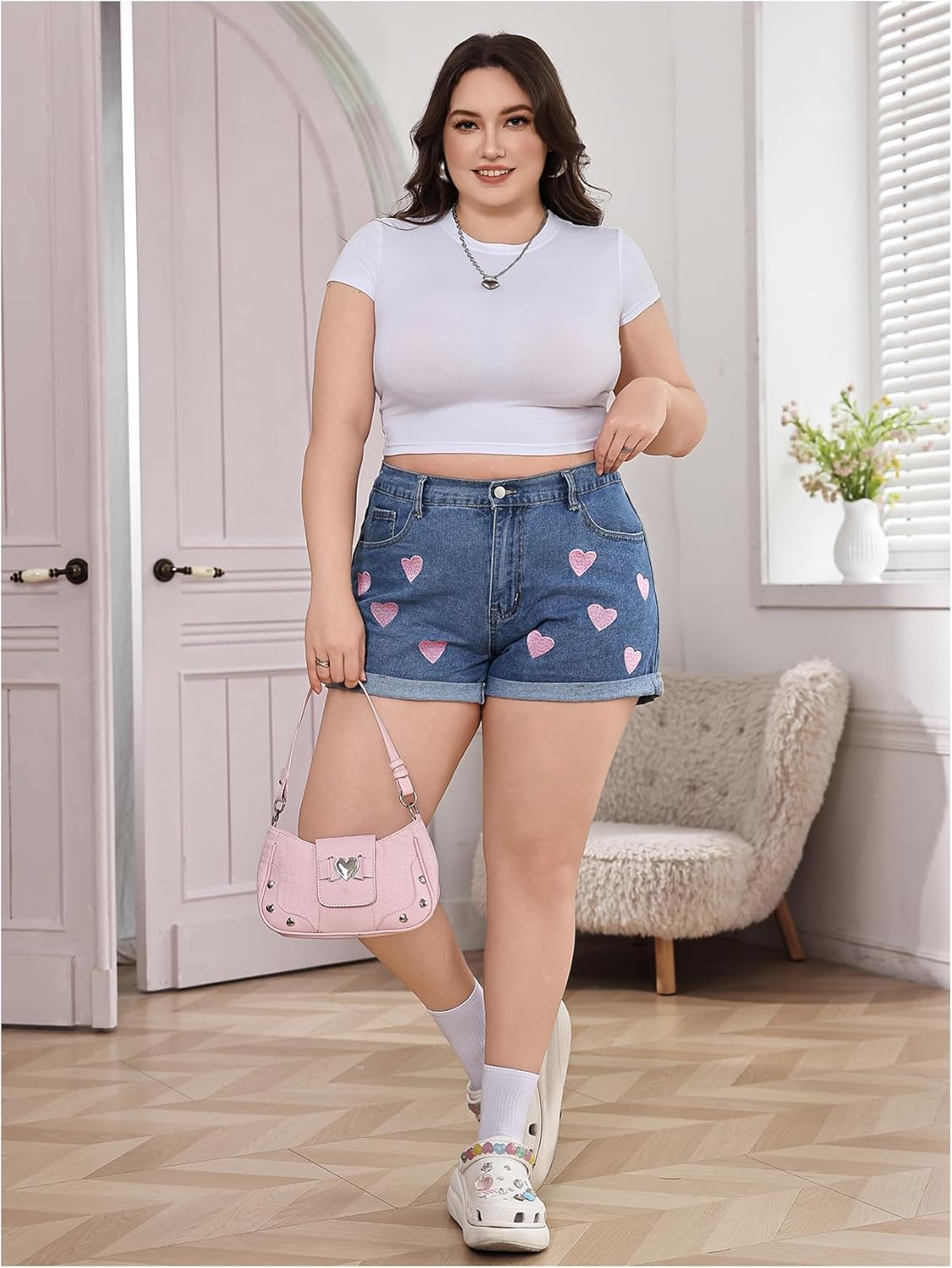 MakeMeChic Women's Plus Size Denim Shorts Heart Embroidery High Waist Y2k Denim Shorts - Image 5