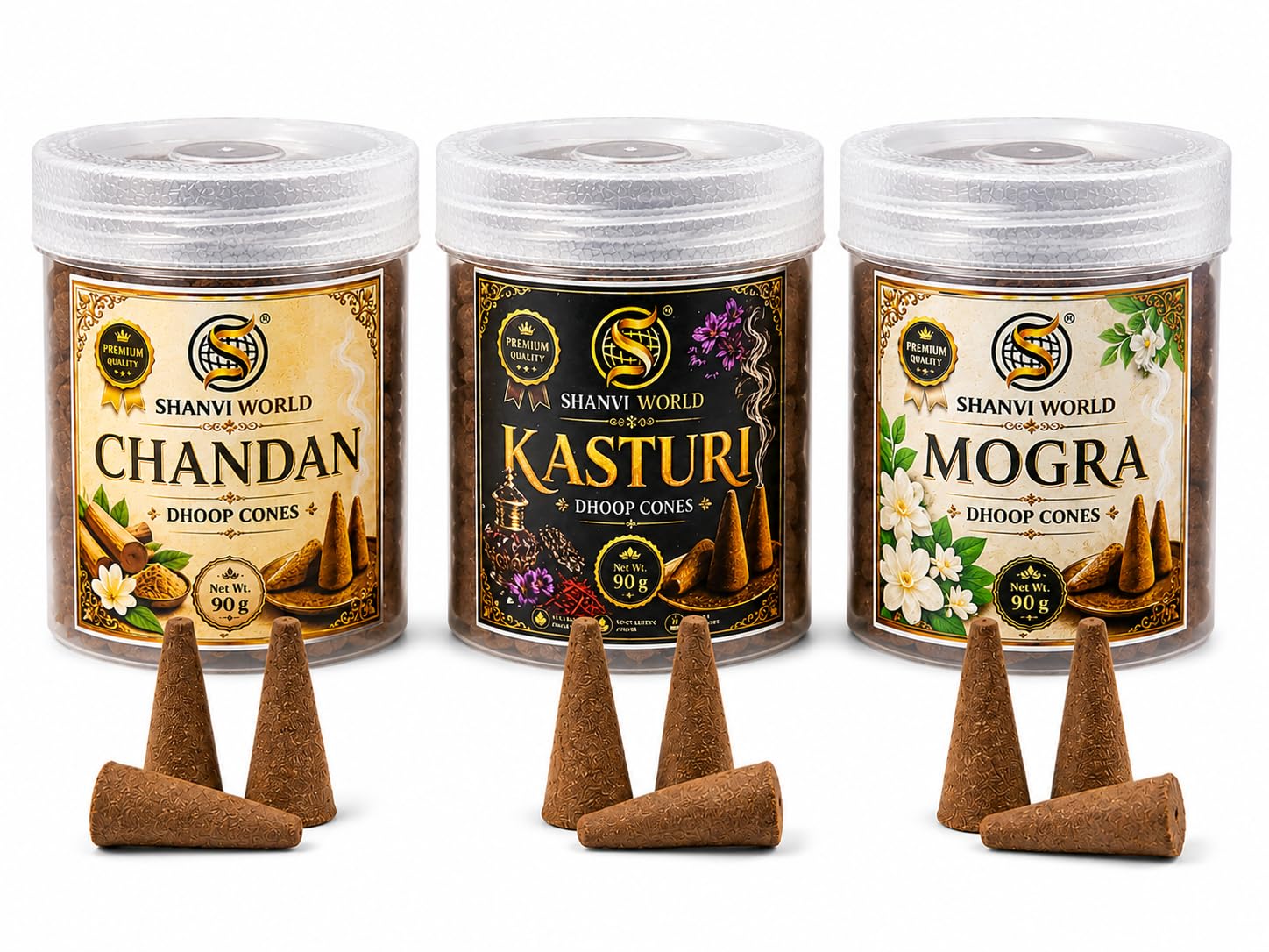 SHANVI World Dhoop Cone Combo Pack | Chandan, Kasturi & Mogra | 90g Each (270g Total) | Approx. 90-105 Incense Cones | Long Lasting Fragrance for Daily Pooja, Meditation & Home-picture-29