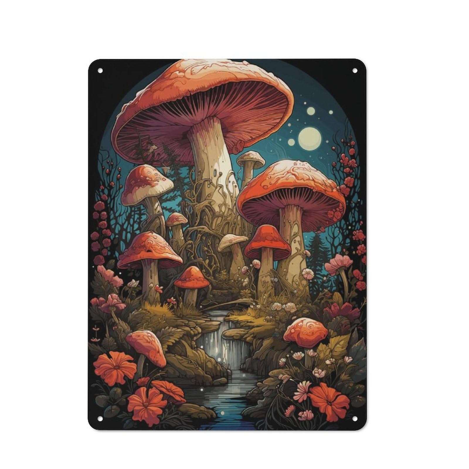 Junmoney Fantasy Mushroom Landscape Rustic Metal Sign 40X30cm For Hallway Wall, For Collectors Of Rustic Metal Wall Decor