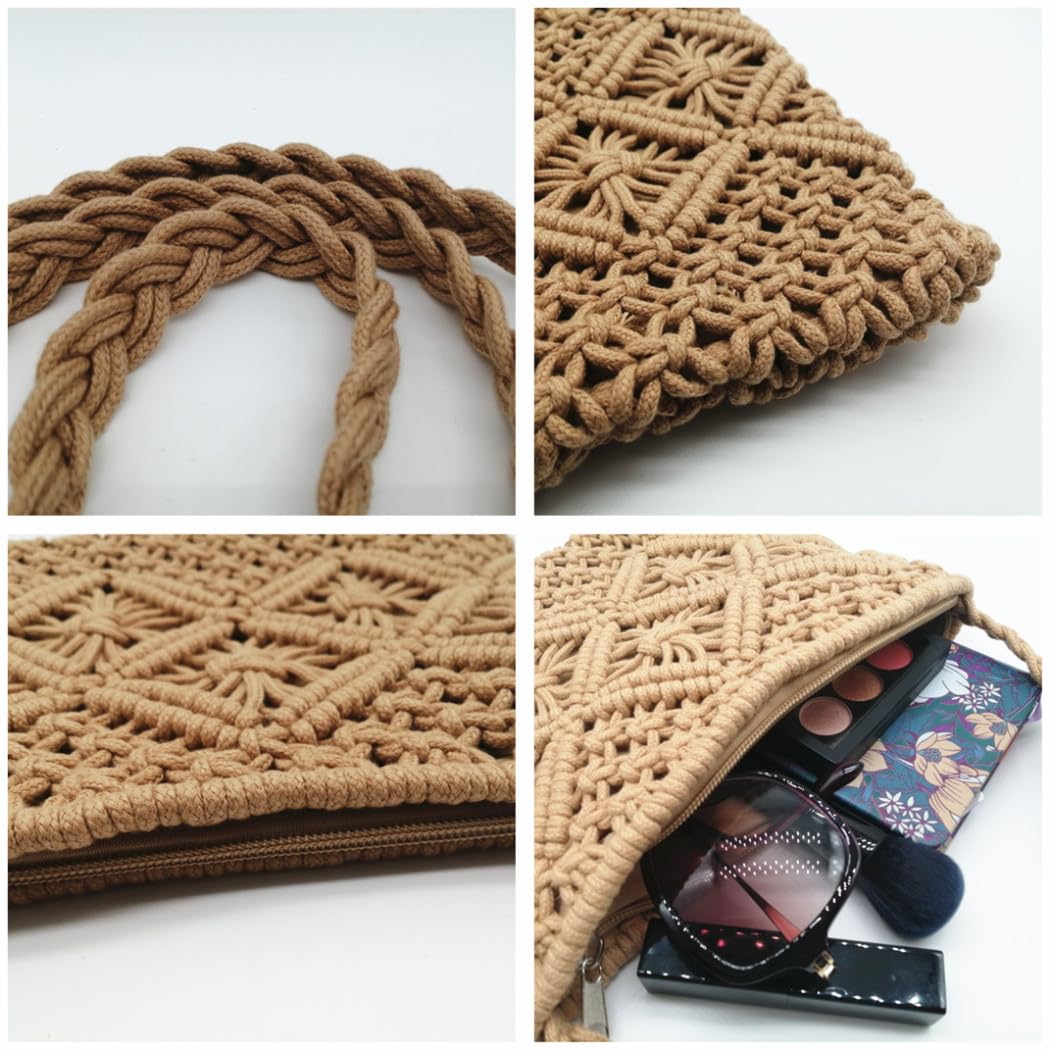 oukesin Borsa a tracolla da spiaggia estiva in nappa fatta a mano in macramè di cotone da donna, 041Cachi