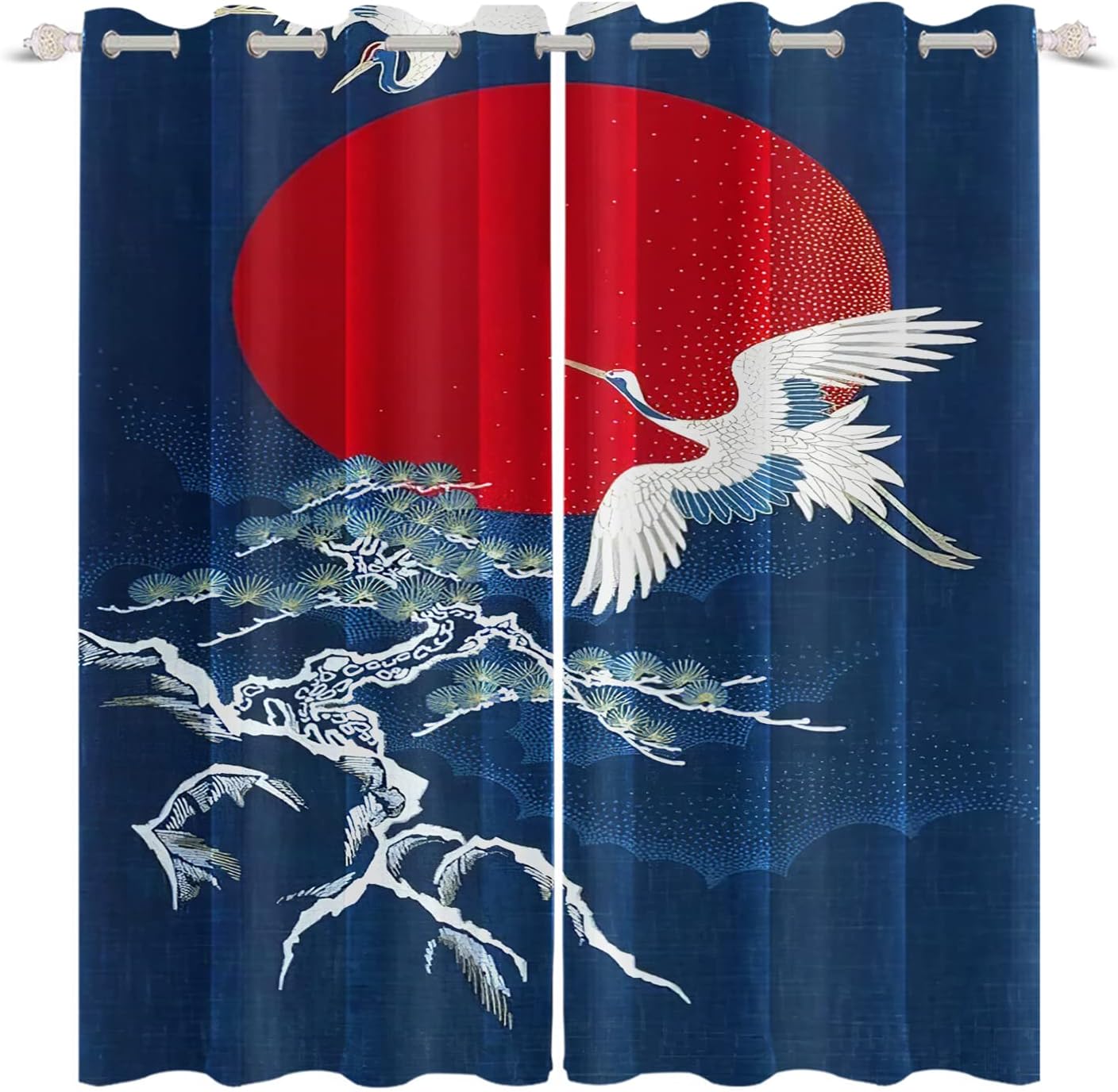 Noren Japanese Style Blackout Window Curtains Flying Cranes Red Full Moon Printed Navy Blue Window Drapes 2 Panel Set for Living Room Bedroom Kitchen Window Treatments Fabric, 52x72 Inch