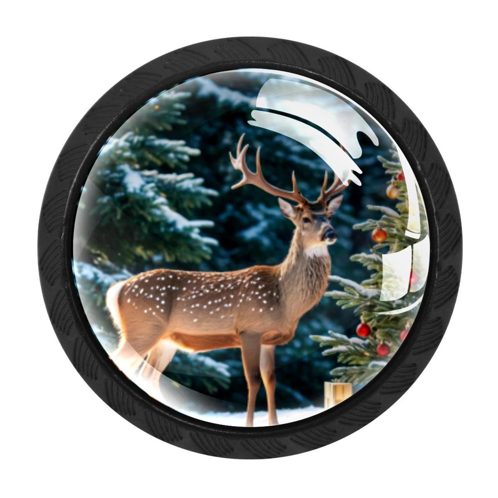 CHENZZZZ 4PCS Christmas Tree Deer Dresser Knob Round Glass Drawer Knobs Pulls Cabinet Handle for Home Kitchen Office Bathroom Wardrobe Cupboard