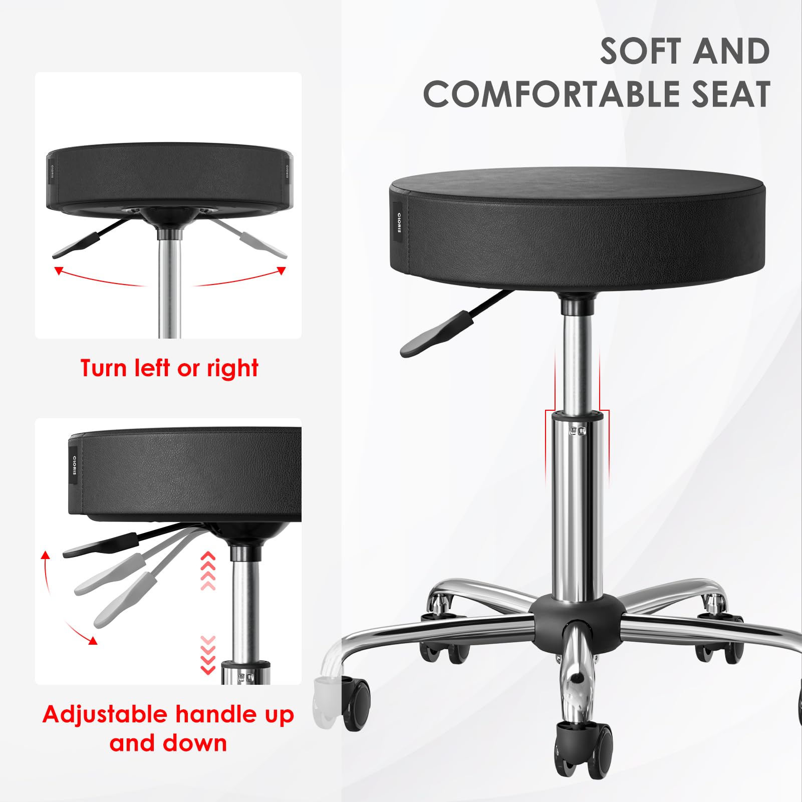 Taburete redondo con ruedas para silla giratoria ajustable de hasta 440 libras, pies de metal con ruedas para spa, masaje, salón, hogar, oficina, médico, tatuaje, bar, negro 4