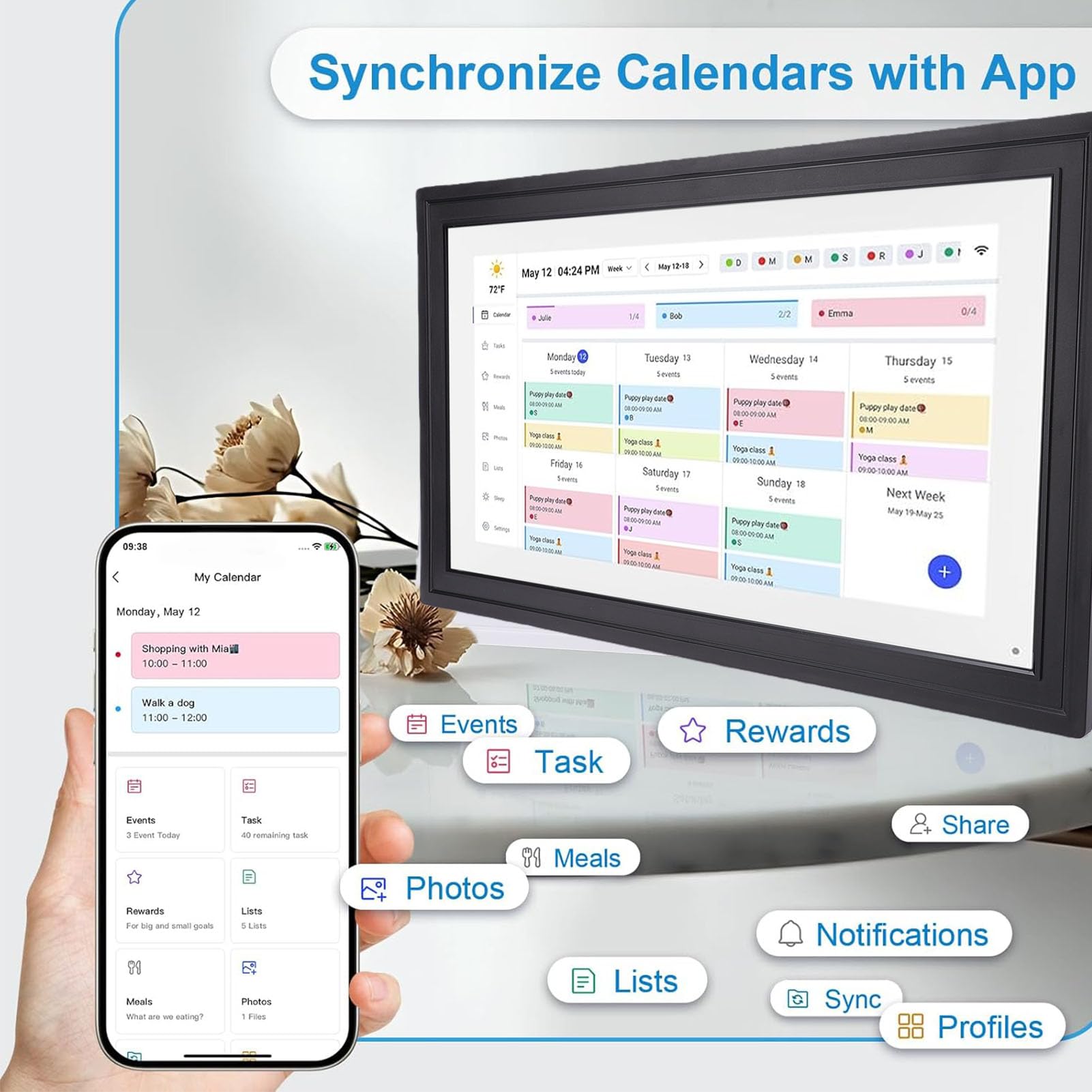Sxhlseller 21,5-Zoll-Smart-Touchscreen-Digitalkalender, WLAN-Wandmontierbarer Familienplaner mit Interaktiver Aufgabentabelle und App-Steuerung, für Cozi Yahoo Sync (EU-Stecker)