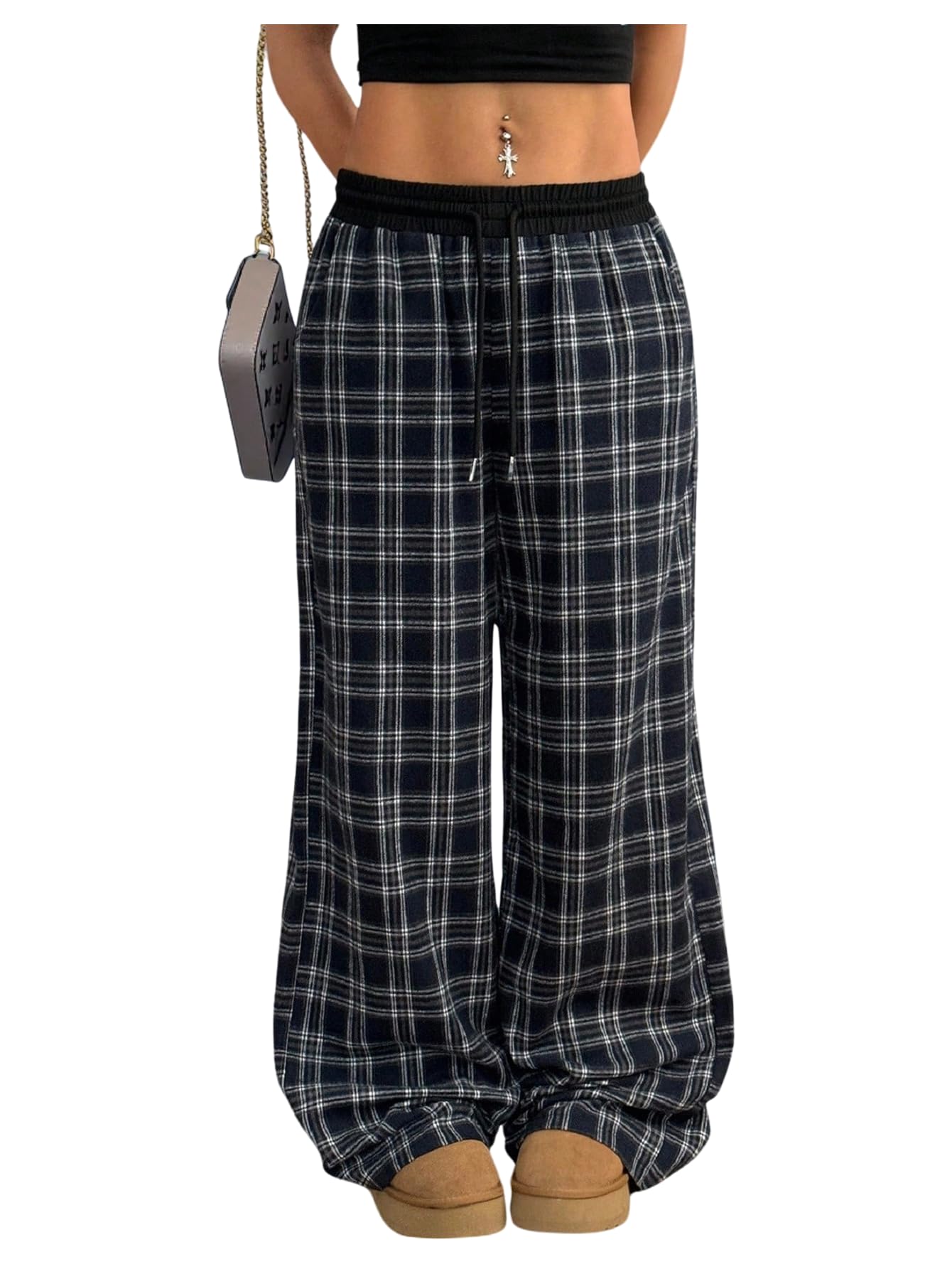WDIRARA Womens Plus Size Plaid Pants Drawstring Waist Loose Wide Leg Pants