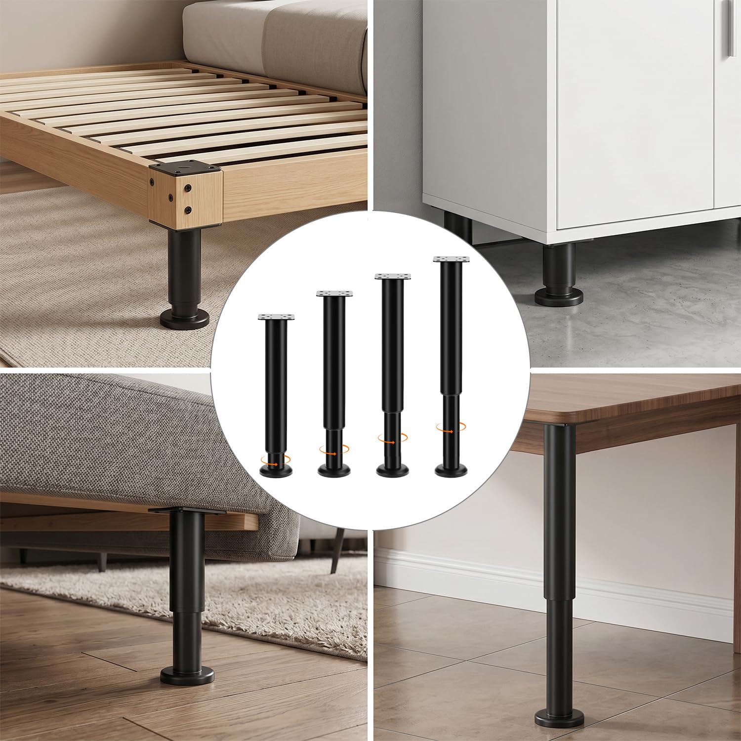 QWORK® 4 pièces Pieds de Meuble, Pieds de Meuble réglables en Hauteur 25-40 cm Noir, Pieds de Meuble avec vis, pour canapé, lit, Armoire