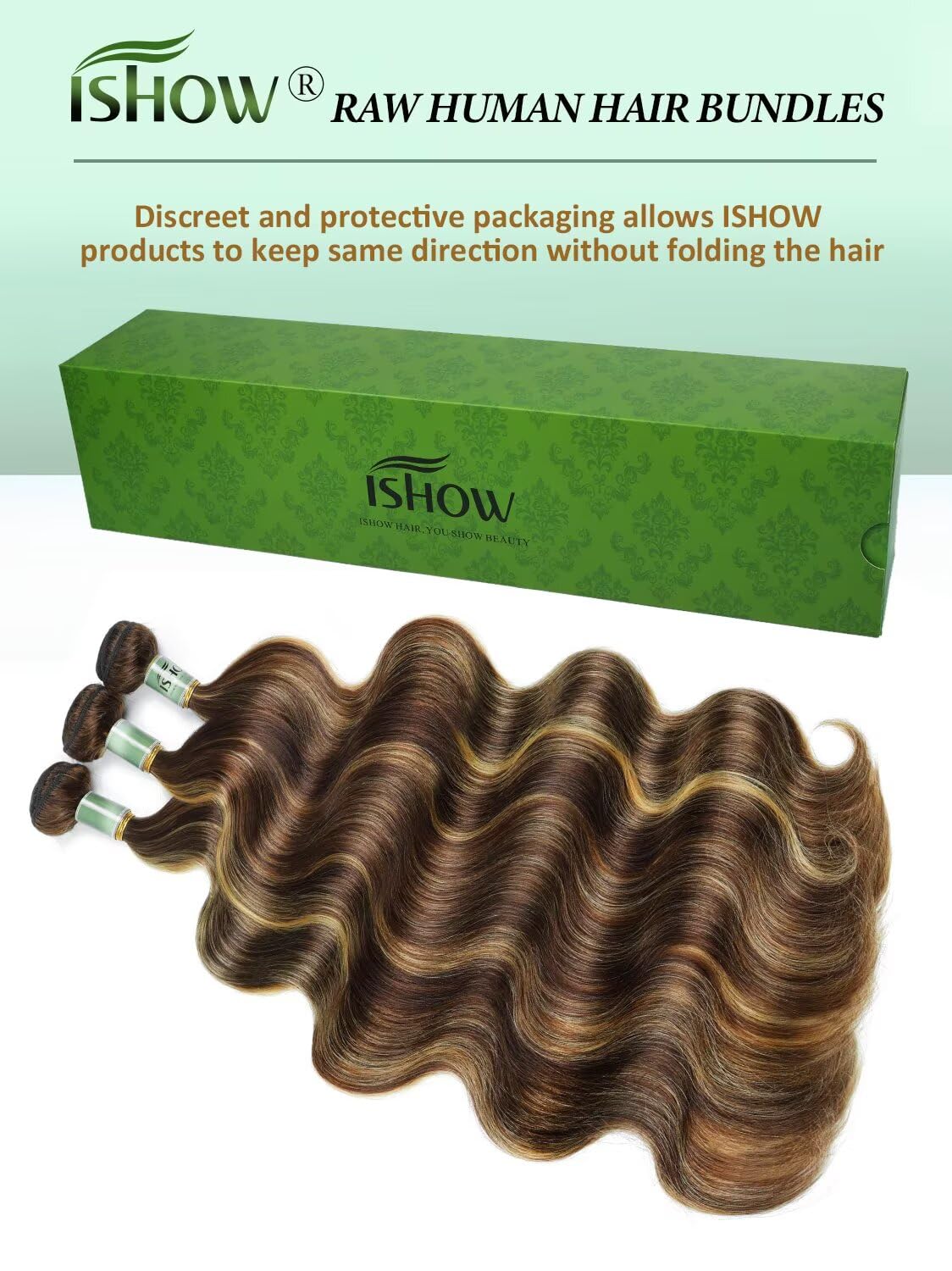 ISHOW Raw Human Hair Bundles, 100% Unprocessed Virgin Human Hair, 15A Body Wave Premium Quality Bundles Producer, 16 18 20 Inch 3 Bundles, Long Lasting, Ombre Honey Blonde Color P4/27