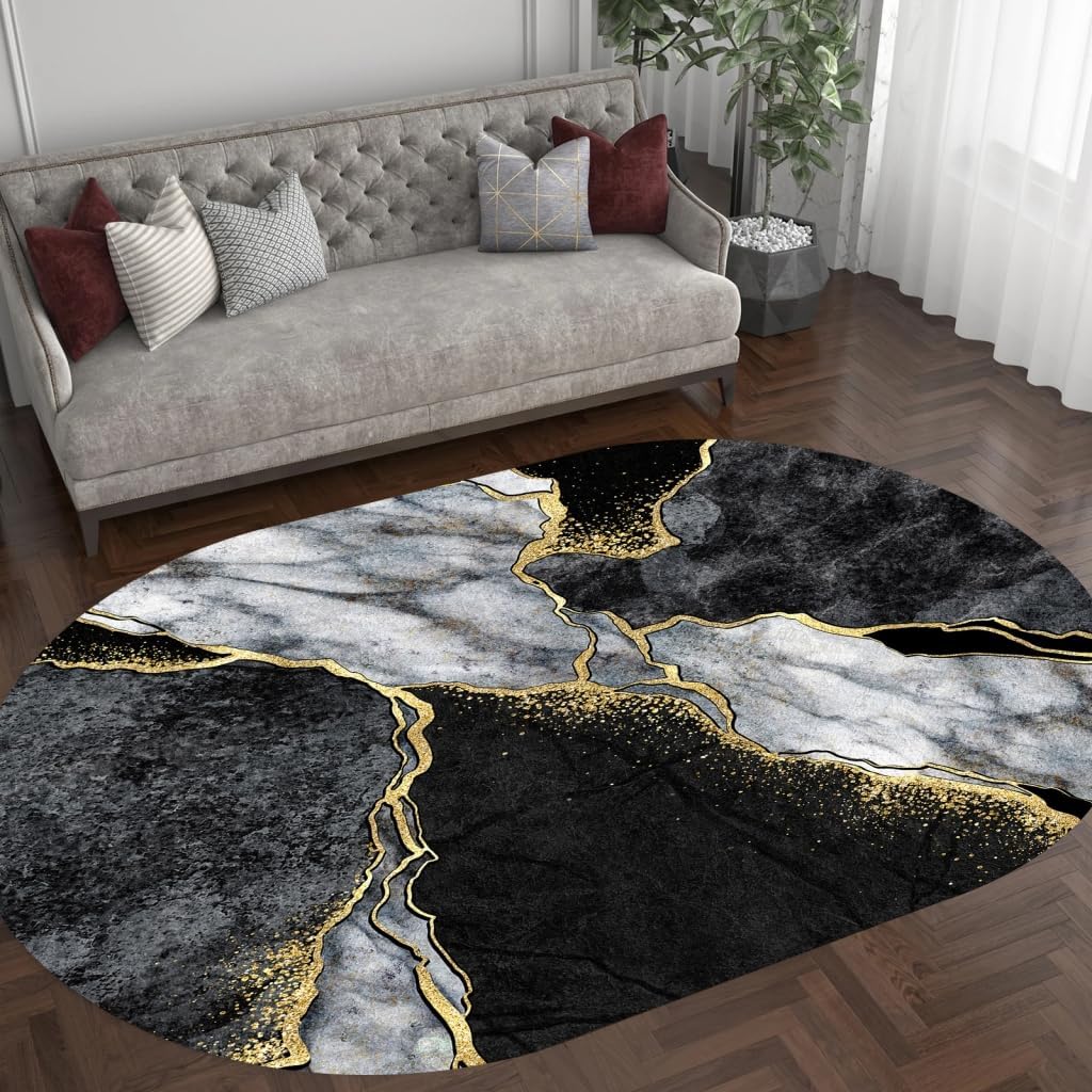 Black Grey Gold Modern Abstract Marble Deco Oval Area Rug 3x5 Soft Washable Aesthetic Rug for Living Room Bedroom Diningroom Lux Unique Long Rug Beside Bed Sofa Under Table Indoor Floor Carpet