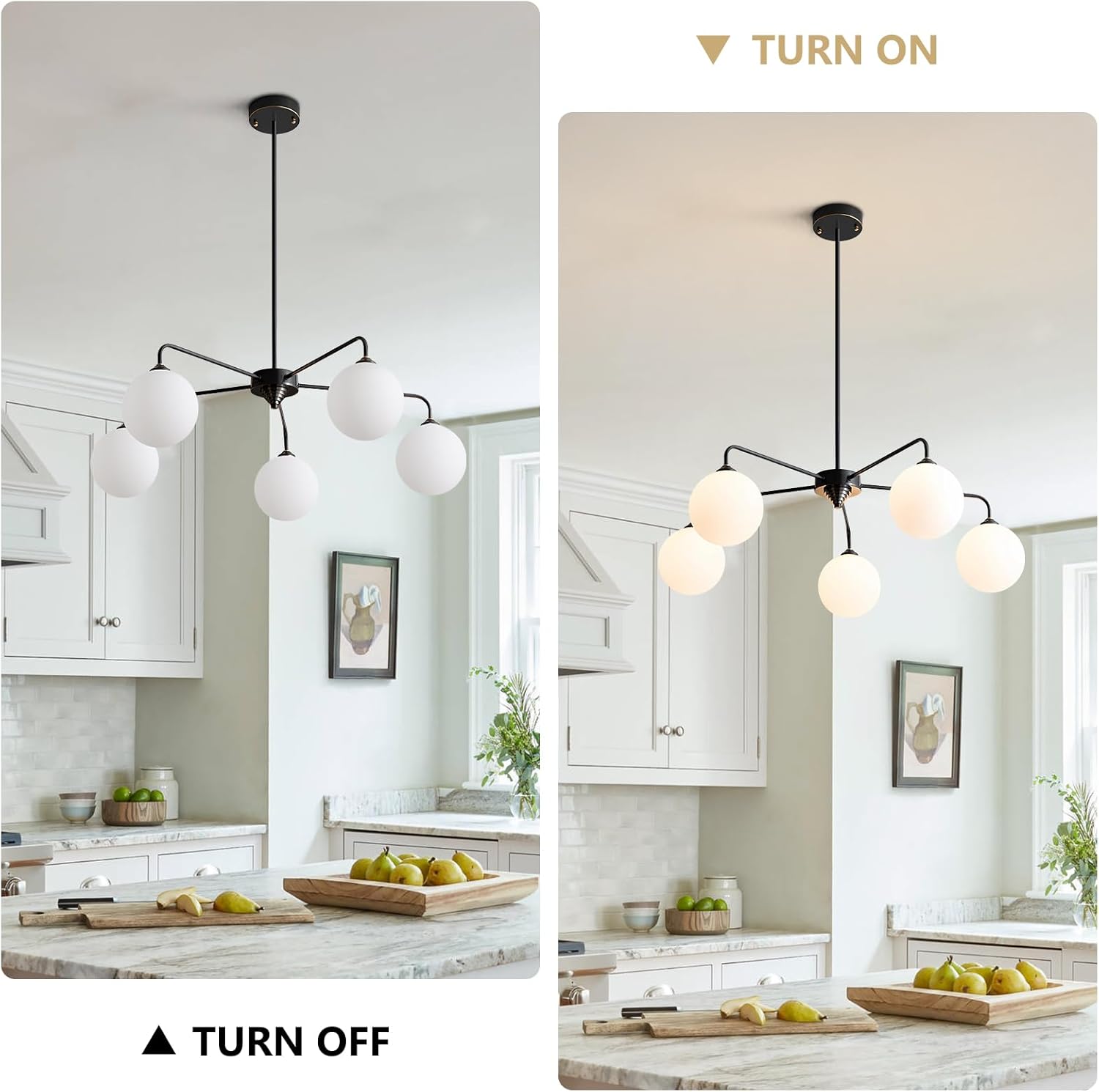 5 Light Mid Century Sputnik Chandelier with White Frosted Globe Glass Shade Pendant Lighting Fixture Living Room Large Pendant Lamp for Bedroom Kitchen Island