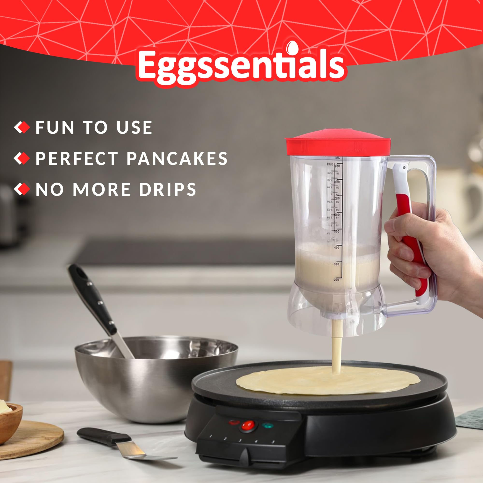 Eggssentials Pancake Batter Dispenser - Batter Dispenser with Squeeze Handle for Cupcakes - Pancakes - Cookie Cakes - Waffles - and Biscuit Separation.