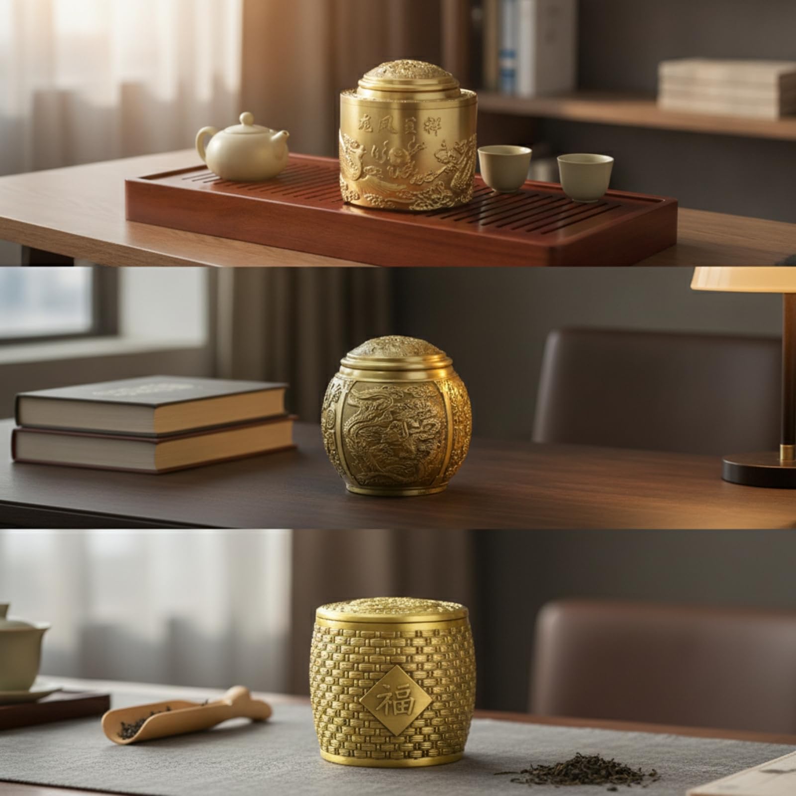 Lata de Té de Latón Contenedor Bote Tarro con Tapa Segura Diseño Clásico en Relieve Estructura Metálica Sólida Mantiene, 12cm X 10cm, style to 2