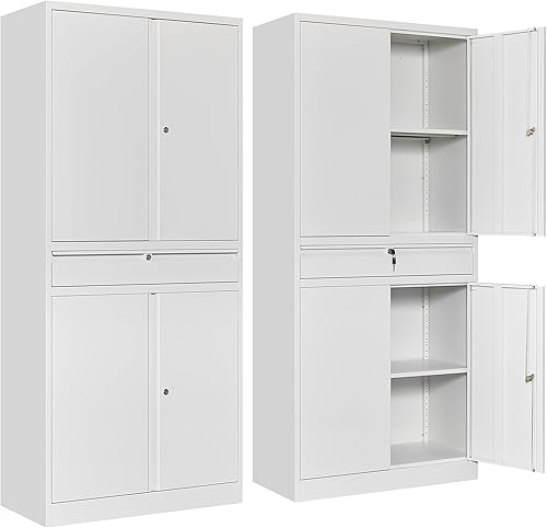 SISESOL Armario de almacenamiento de metal blanco con cajón y cerraduras, armario de almacenamiento de garaje con puertas de bloqueo y estantes