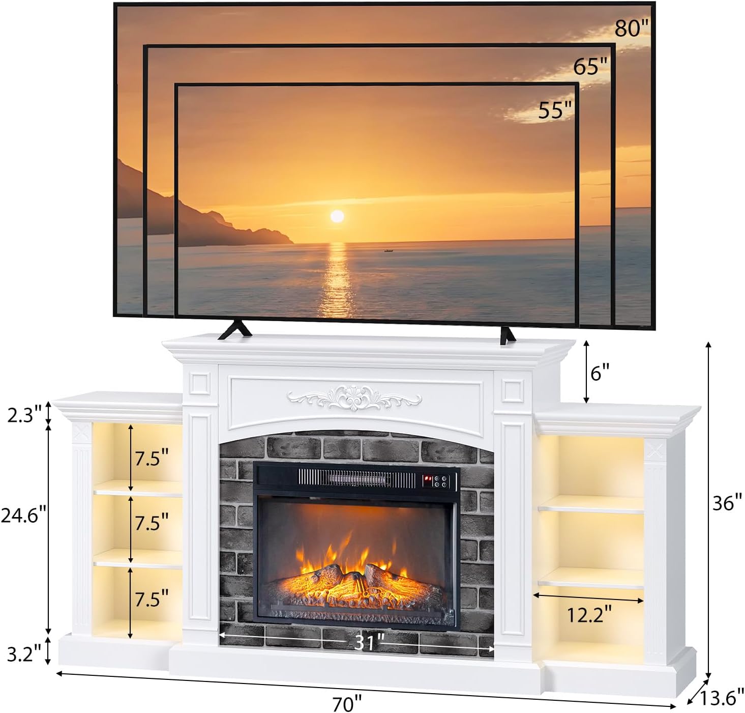 VINGLI 70'' Fireplace TV Stand for up to 80 inch TVs, Electric Fireplace with Mantel, Modern Entertainment Center with LED Light, TV Console Table with Adjustable Shelves, Living Room ＆ Bedroom, White