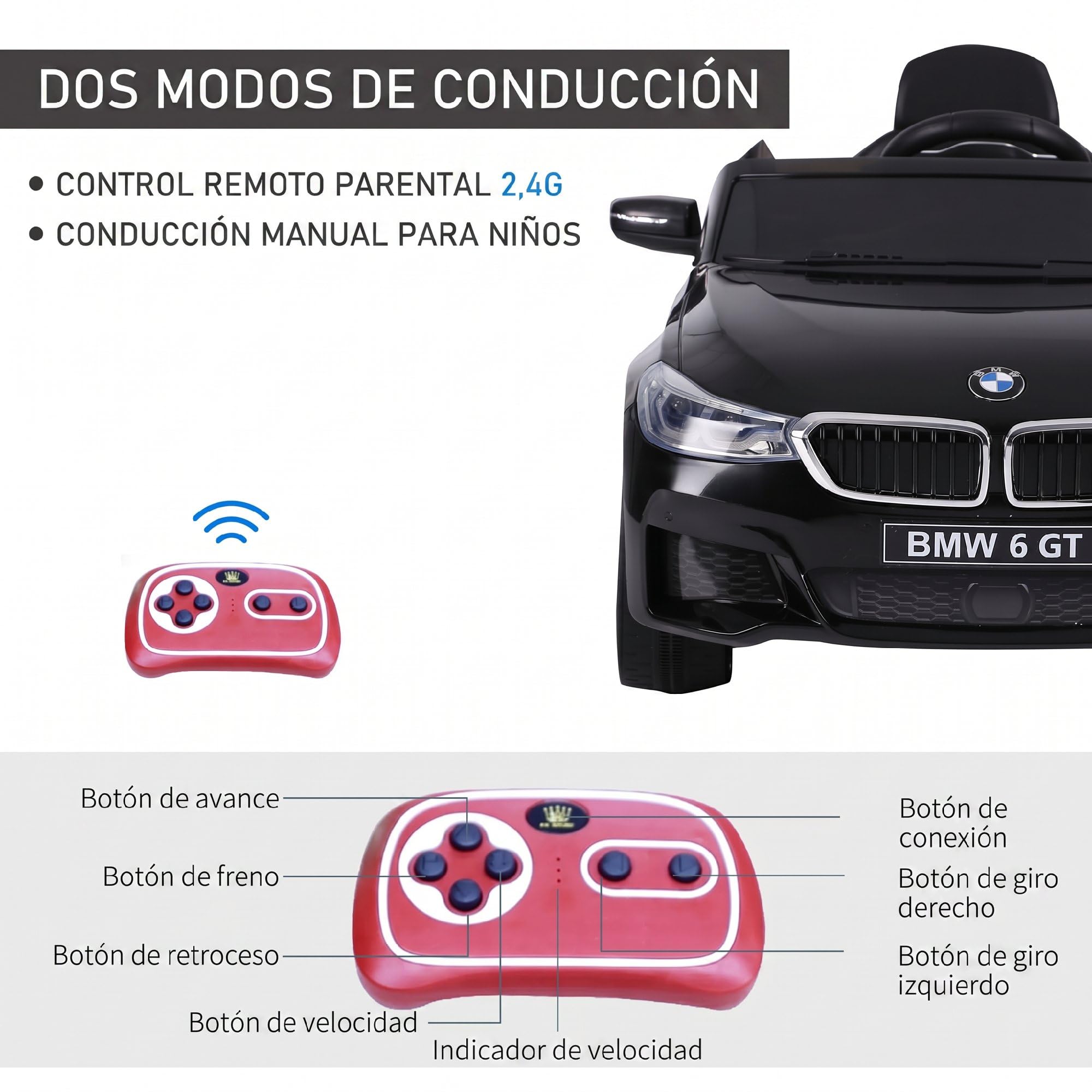 HOMCOM Coche Eléctrico BMW 6GT para Niños +3 Años Automóvil Infantil de Batería 6V con Control Remoto Luces y Sonidos MP3 USB Carga 30 kg 106x64x51 cm Negro