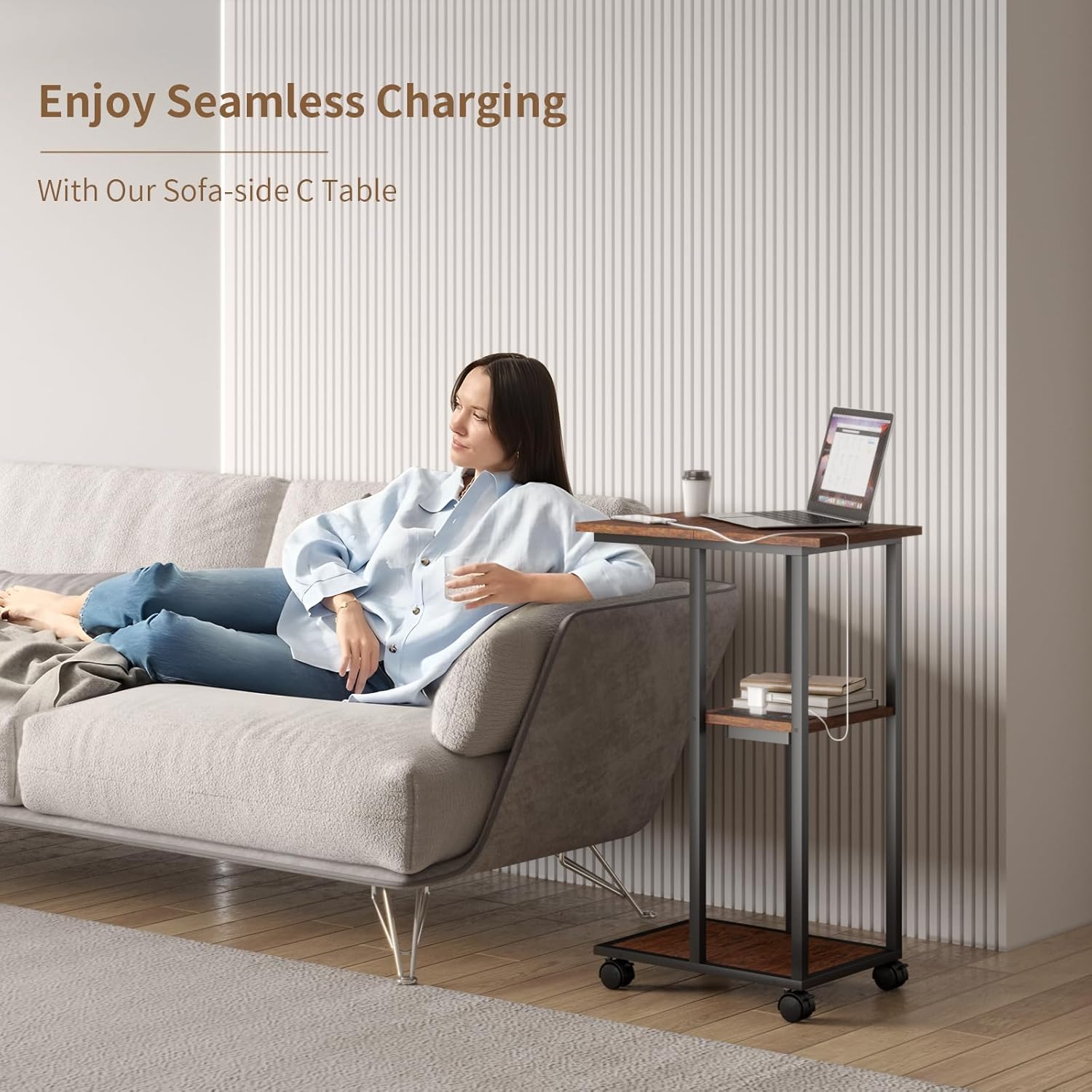 C Shaped End Table - C Table on Wheels - Bedside Table with Wheels, Power Outlet and USB - Sofa Table for Living Room, Bedroom, Small Spaces - 27.2'' High, Brown