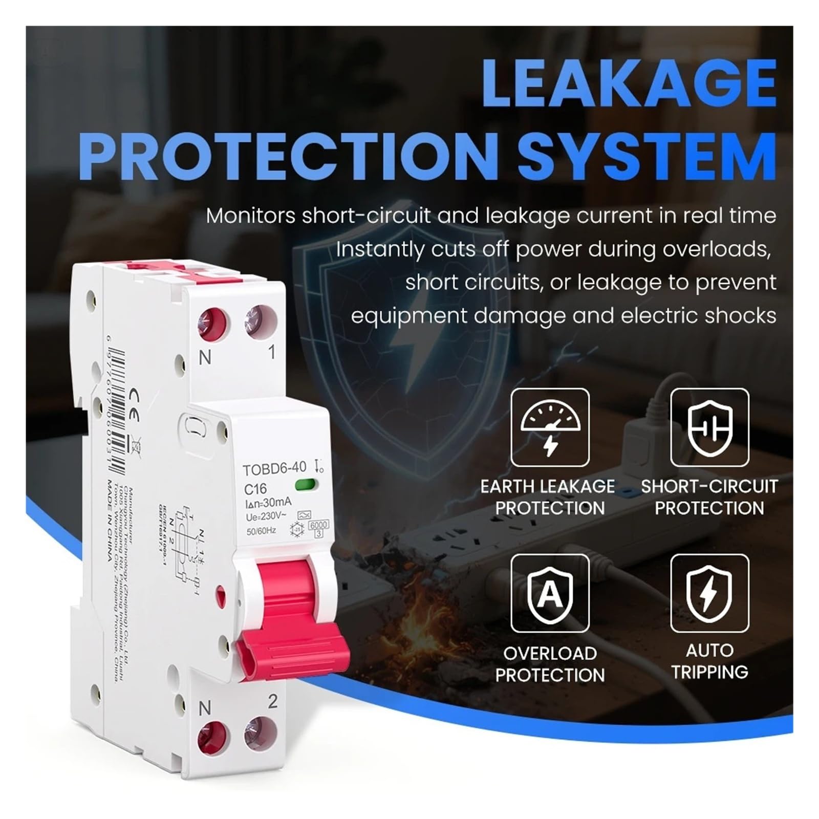 Disyuntor RCBO Tipo A 6kA 30mA/10mA 16A,25A,32A,40A 1P+N Con Protección Contra Sobrecargas Y Fugas(30mA,B16A)
