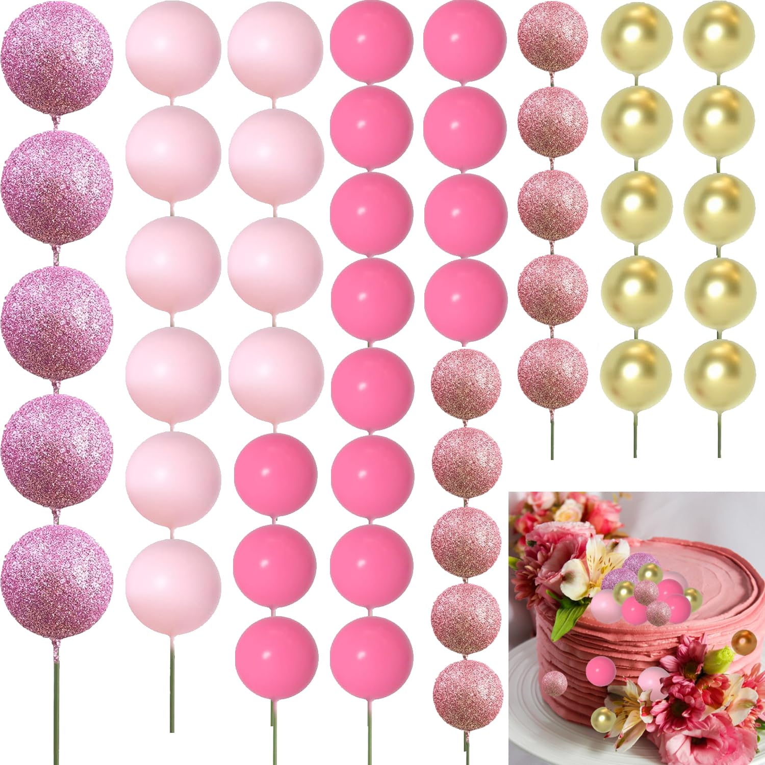 50 PCS Glitter Balls Cake Topper Sticks Mini Balloons for Cake Decorating Supplies Foam Balls Baking Decoration for Wedding Anniversary Baby Shower Birthday Party