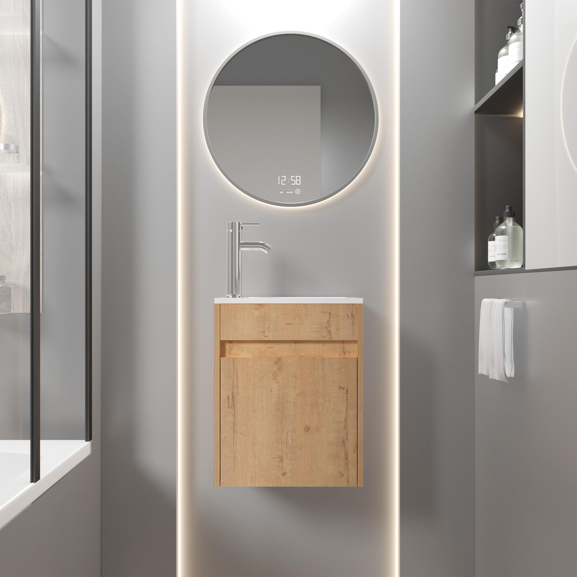 UEV 400 mm Wall Hung Bathroom Vanity Unit with Resin Sink, Space-Saving Storage Cabinet, Wall-Mounted Basin for Cloakroom or Bathroom, Natural Wood