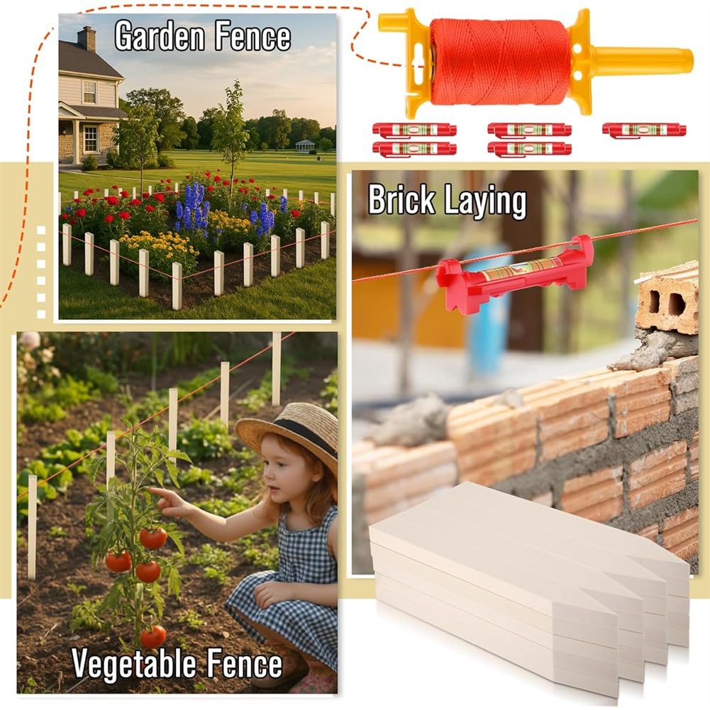 Kit de Cordeau de Chantier avec Poignée et 5 Niveaux Intégrés pour Projets Extérieurs, Bricolage, Jardinage et Construction